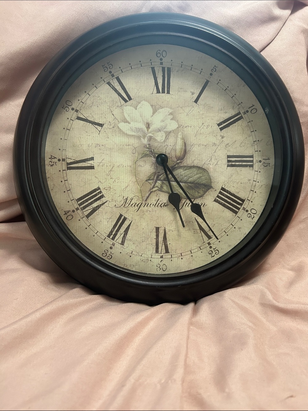 Magnolia Yulan floral design on the face. Metal Wall Clock - Brown Frame